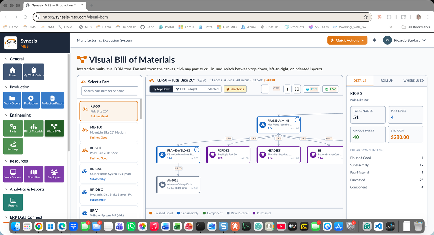 Synesis MES Visual Bill of Materials with multi-level BOM tree and where-used analysis