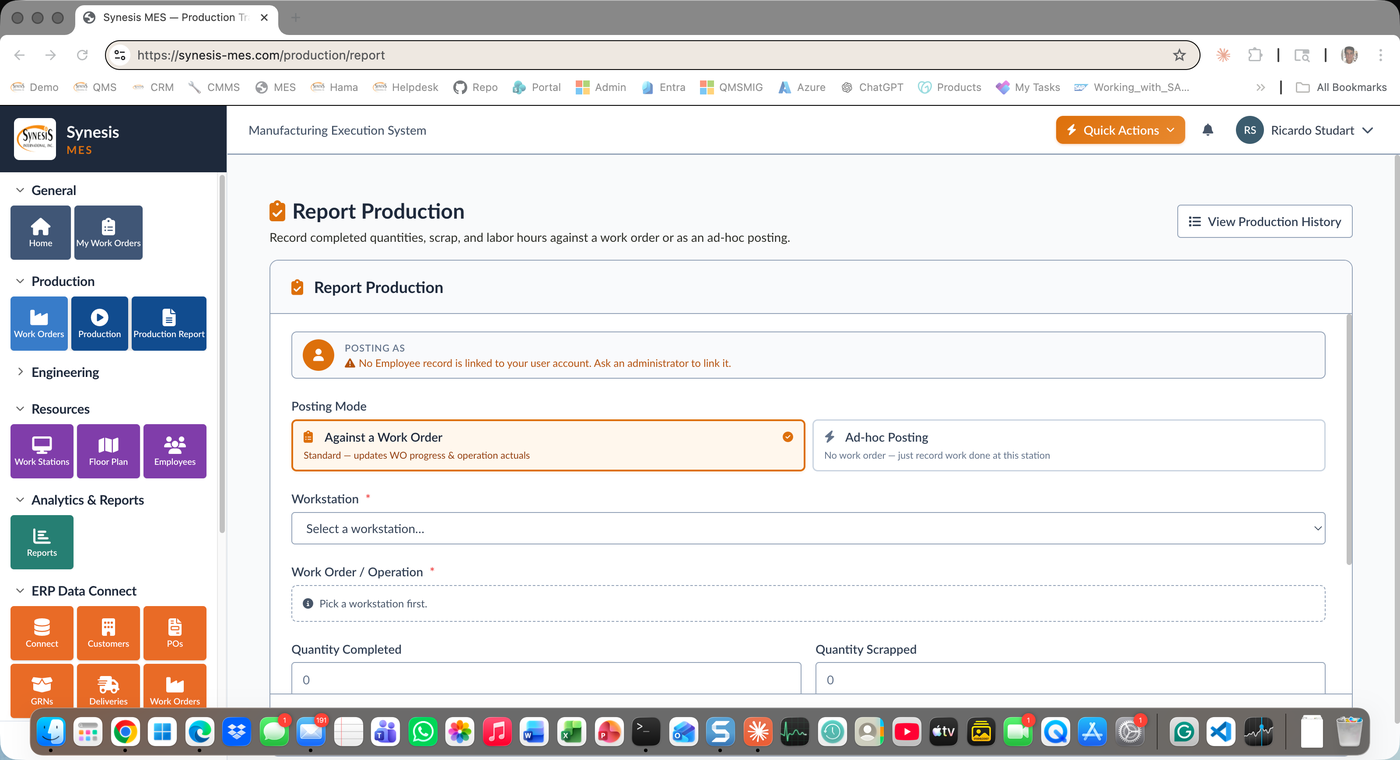 Synesis MES Report Production form with workstation, work order, quantity, and labor capture
