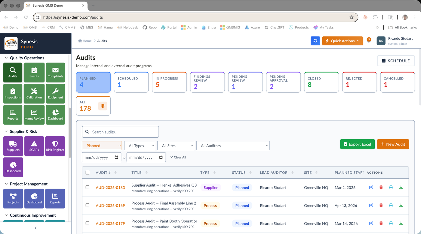 Synesis QMS Audits list with planned, scheduled, in-progress, and findings review states