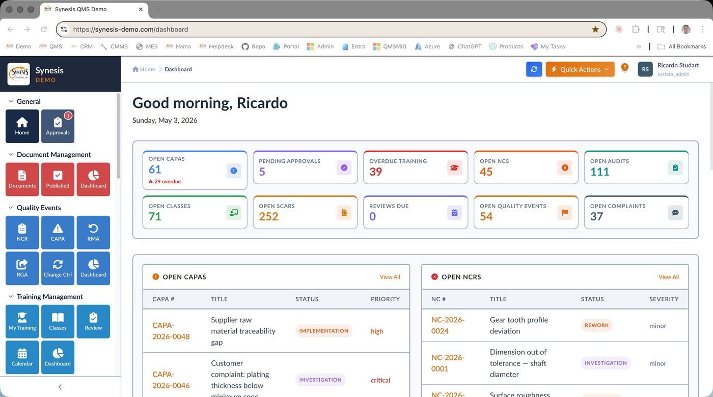 Synesis QMS Dashboard with KPIs, open CAPAs, NCRs, audits, and quality events